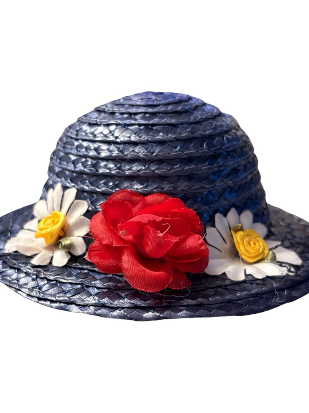 Mini Cottagecore Blue Straw Sun Hat with Red and White Floral Trim